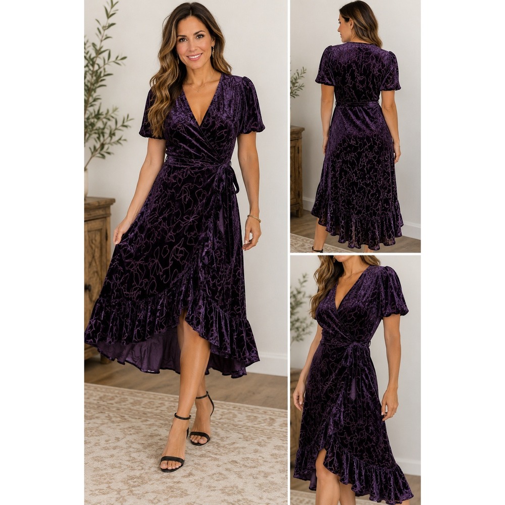 Johnny Was Wrap Dress Purple Burnout Velvet Floral Boho‎ Romantic Large